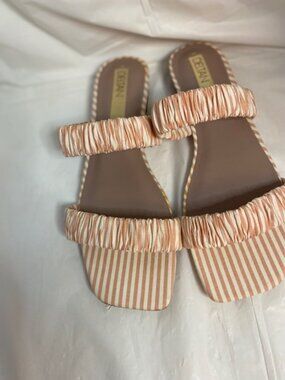 Deltan Women's two band striped sandals in pink and white, size 10M (NEW)